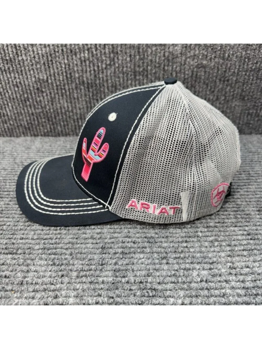 Ariat Trucker Hat Cap Cactus Thick Stitch Black Pink Mesh Back Cowgirl Western